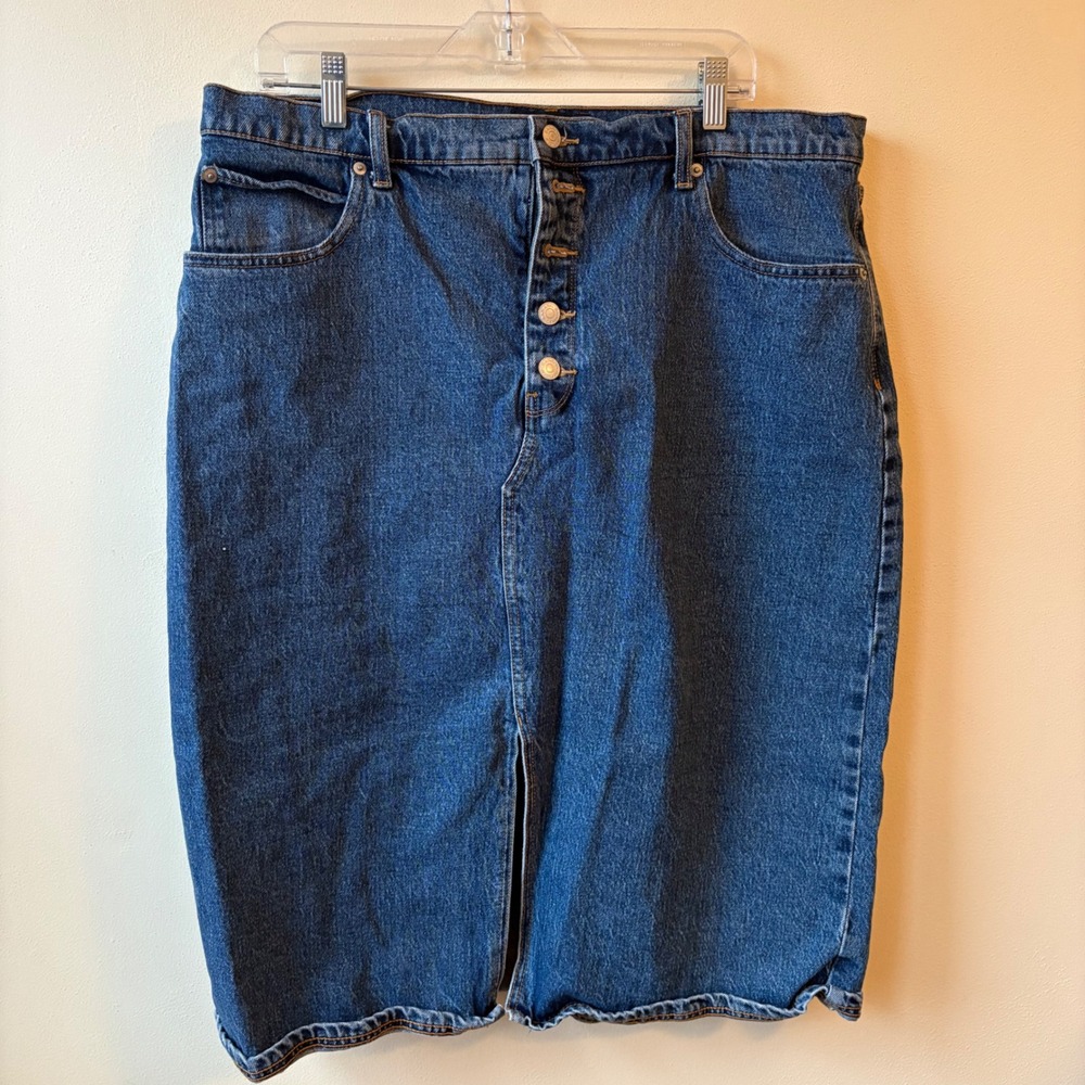 Banana Republic Denim Midi Skirt Size 18 Blue Button Fly Front Slit Pencil